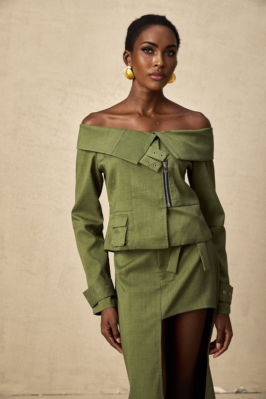 Mattea Green Asymmetric Matching Set Jacket Skirt Belted Buckled Cuffs Patch Pocket Front Zip Fastening High Rise Self Tie Cut Out Front Hook Midi Length Polyester Cotton