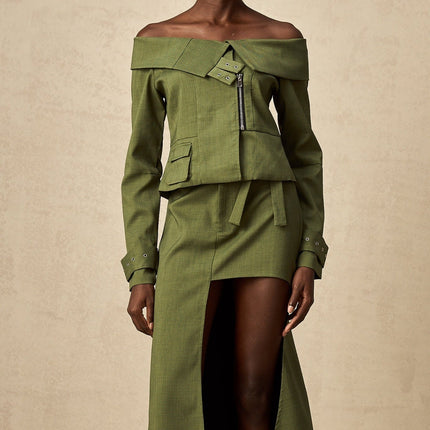 Mattea Green Asymmetric Matching Set Jacket Skirt Buckled Cuffs Off-Shoulder Patch Pocket Front Zip Fastening High-Rise Self-Tie Cut-Out Front Hook Midi Length Polyester Cotton Women's Fashion