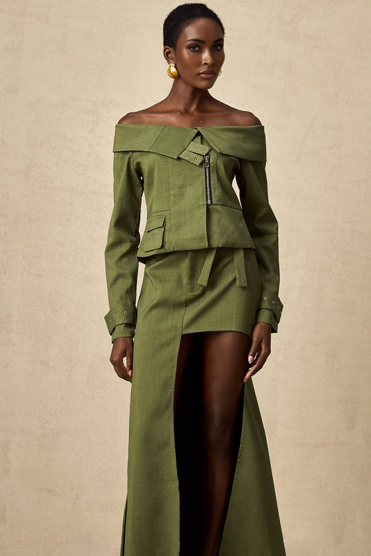 Mattea Green Asymmetric Matching Set Jacket Skirt Buckled Cuffs Off-Shoulder Patch Pocket Front Zip Fastening High-Rise Self-Tie Cut-Out Front Hook Midi Length Polyester Cotton Women's Fashion