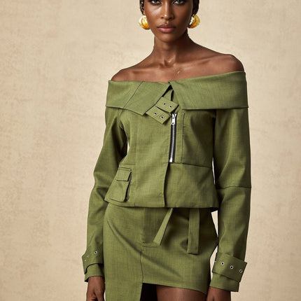 Mattea Green Asymmetric Matching Set Jacket Skirt Buckled Cuffs Off-Shoulder Silhouette Patch Pocket Front Zip Fastening High-Rise Self-Tie Cut-Out Design Front Hook Midi Length Polyester Cotton