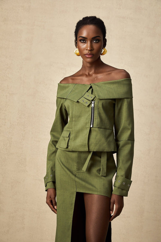 Mattea Green Asymmetric Matching Set Jacket Skirt Buckled Cuffs Off-Shoulder Silhouette Patch Pocket Front Zip Fastening High-Rise Self-Tie Cut-Out Design Front Hook Midi Length Polyester Cotton