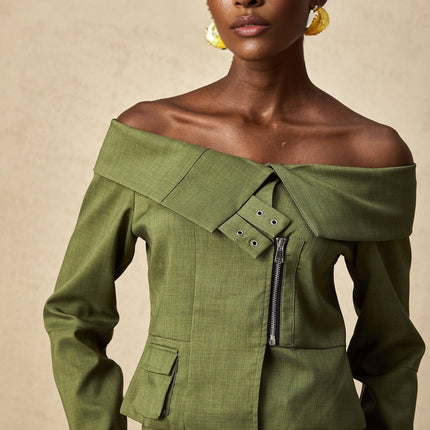 Mattea Green Asymmetric Matching Set Jacket Skirt