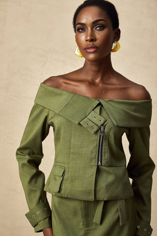 Mattea Green Asymmetric Matching Set Jacket Skirt