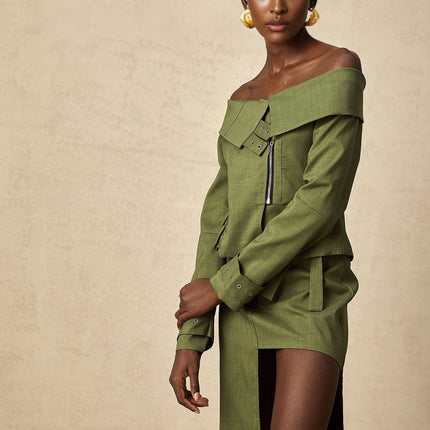 Mattea Green Asymmetric Matching Set Jacket Skirt