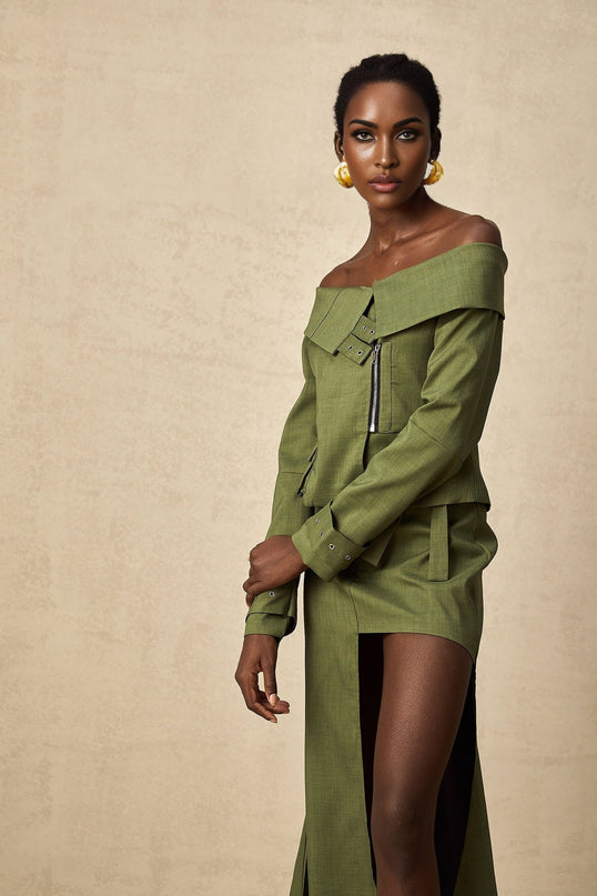 Mattea Green Asymmetric Matching Set Jacket Skirt