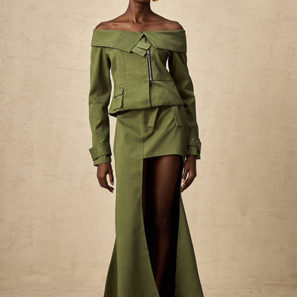 Mattea Green Asymmetric Matching Set Jacket Skirt Polyester Cotton