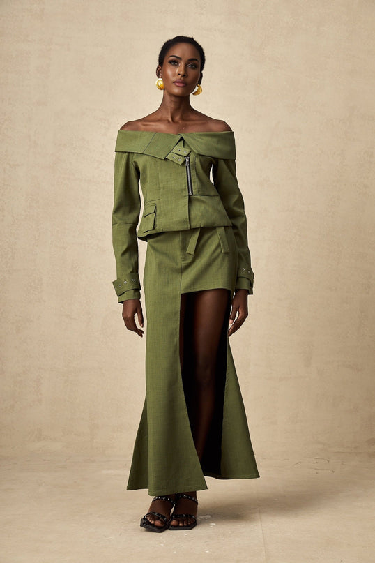 Mattea Green Asymmetric Matching Set Jacket Skirt Polyester Cotton