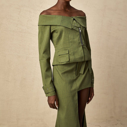 Mattea Green Asymmetric Matching Set Jacket Skirt Buckled Cuffs Off-Shoulder Patch Pocket Front Zip Fastening High-Rise Self-Tie Cut-Out Modern Elegance Midi Length Polyester Cotton