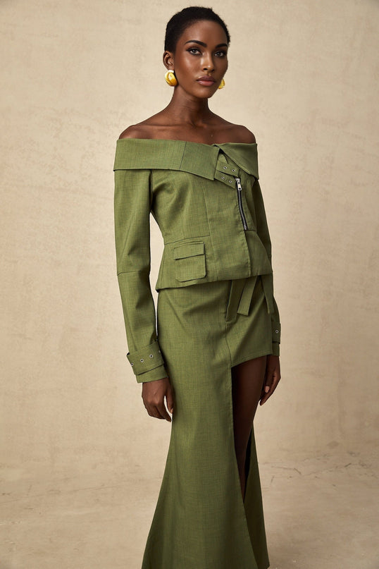 Mattea Green Asymmetric Matching Set Jacket Skirt Buckled Cuffs Off-Shoulder Patch Pocket Front Zip Fastening High-Rise Self-Tie Cut-Out Modern Elegance Midi Length Polyester Cotton