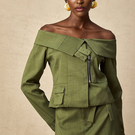 Mattea Green Asymmetric Matching Set Jacket Skirt