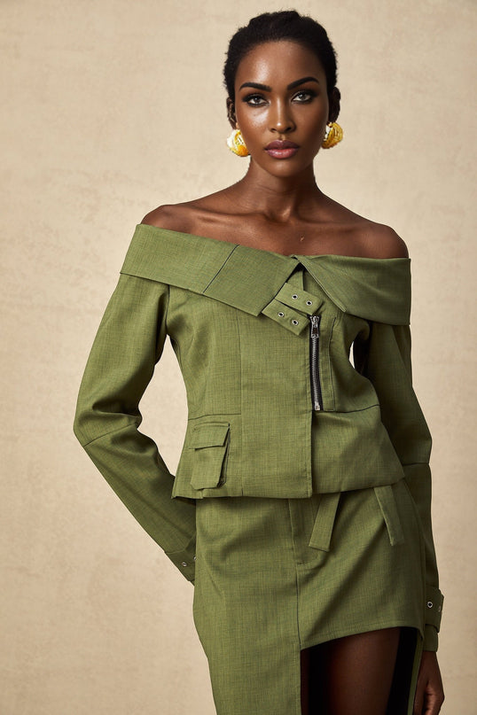 Mattea Green Asymmetric Matching Set Jacket Skirt