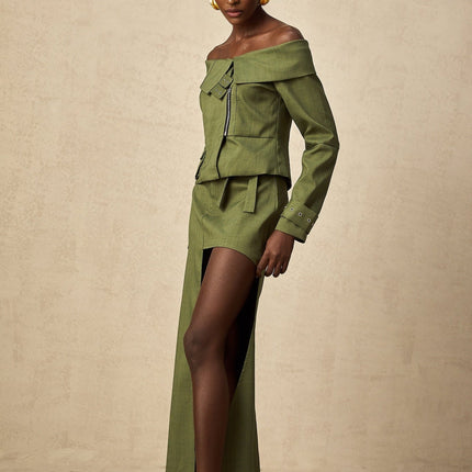 Mattea Green Jacket Skirt Asymmetric Matching Set