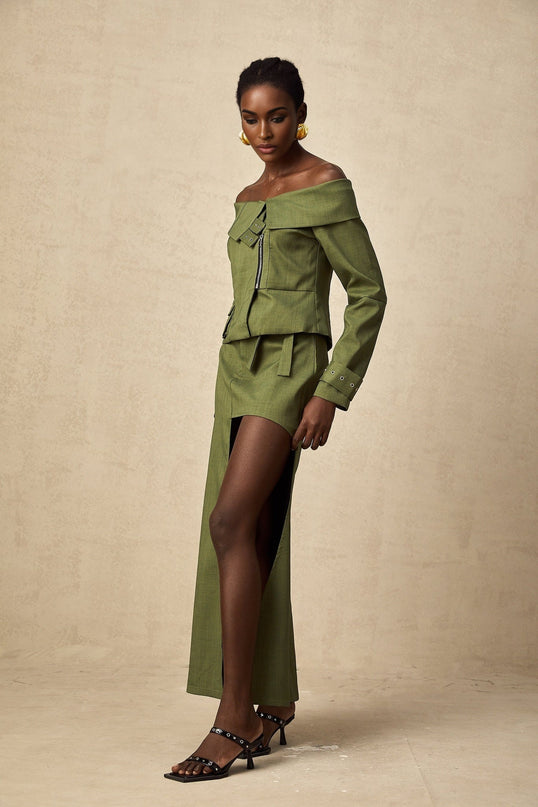 Mattea Green Jacket Skirt Asymmetric Matching Set