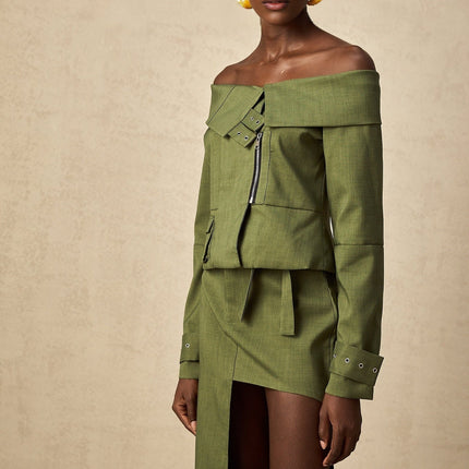 Mattea Green Jacket and Skirt Asymmetric Matching Set