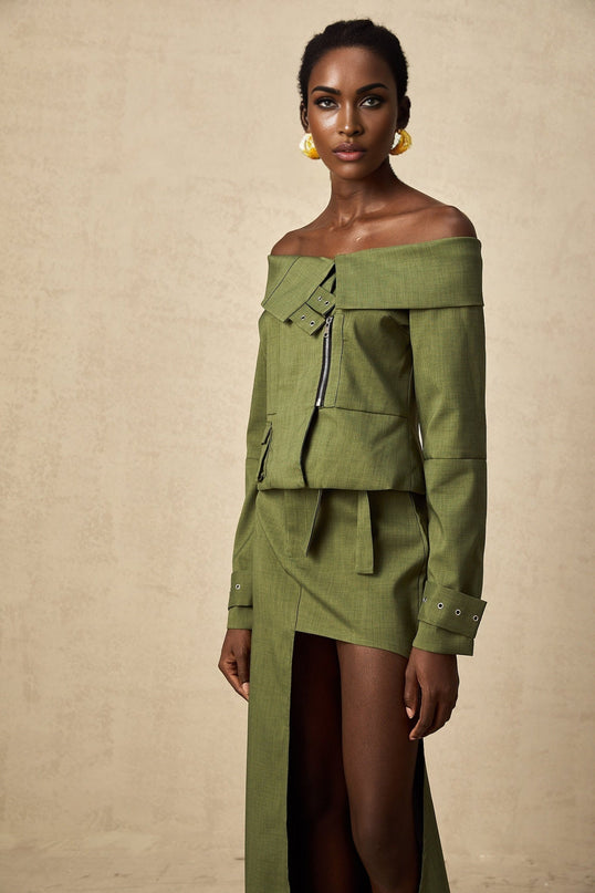 Mattea Green Jacket and Skirt Asymmetric Matching Set