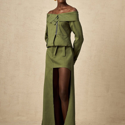 Mattea Green Jacket Skirt Matching Set Asymmetric Design Buckled Cuffs Patch Pocket Front Zip Fastening High Rise Self Tie Cut Out Midi Length Polyester Cotton