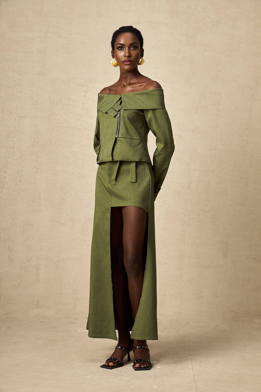 Mattea Green Jacket Skirt Matching Set Asymmetric Design Buckled Cuffs Patch Pocket Front Zip Fastening High Rise Self Tie Cut Out Midi Length Polyester Cotton
