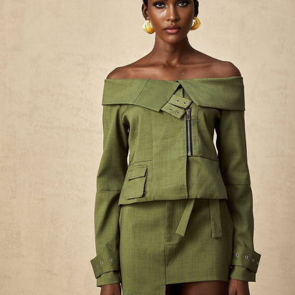 Mattea Green Jacket Skirt Matching Set Asymmetric Design Buckled Cuffs Patch Pocket Front Zip Fastening High Rise Self-Tie Cut-Out Midi Length Polyester Cotton