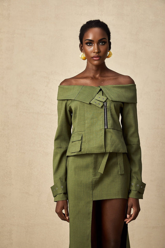 Mattea Green Jacket Skirt Matching Set Asymmetric Design Buckled Cuffs Patch Pocket Front Zip Fastening High Rise Self-Tie Cut-Out Midi Length Polyester Cotton