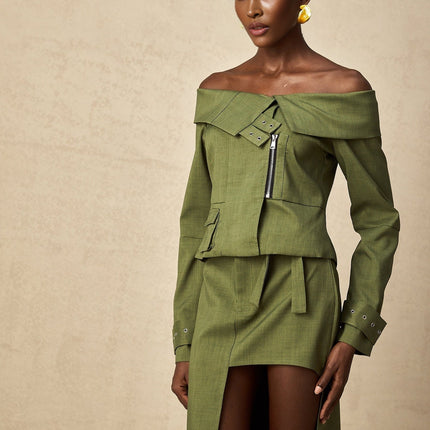 Mattea Green Jacket Skirt Matching Set Asymmetric Design Buckled Cuffs Patch Pocket Front Zip Fastening High Rise Self Tie Cut Out Midi Length Polyester Cotton