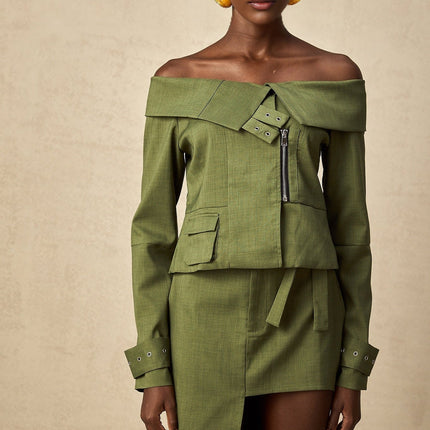 Mattea Green Mattea Jacket Skirt Asymmetric Matching Set Polyester Cotton Buckled Cuffs Off-Shoulder Silhouette Patch Pocket Front Zip Fastening High-Rise Fit Self-Tie Asymmetric Cut-Out Design Front Hook Midi Length