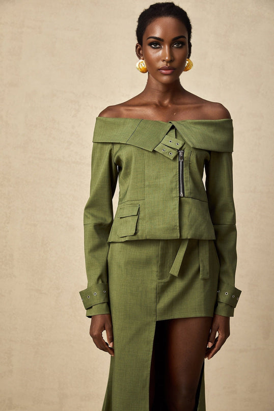 Mattea Green Mattea Jacket Skirt Asymmetric Matching Set Polyester Cotton Buckled Cuffs Off-Shoulder Silhouette Patch Pocket Front Zip Fastening High-Rise Fit Self-Tie Asymmetric Cut-Out Design Front Hook Midi Length