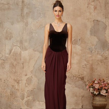 Mattea Brown Burgundy Velvet Panel Maxi Dress V-Neck Sleeveless Adjustable Straps Color Blocked Detailing Shirred Effect Built-In Cups Bra Lined Rear Zip Fastening Cotton Terylene Fiber Luxury