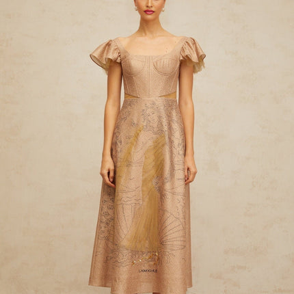 Mattea Midi Dress Graphic-print Flared Sequin & Tulle Neutrals