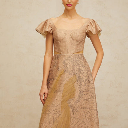 Mattea Midi Dress Graphic Print Flared Sequin Tulle Neutrals