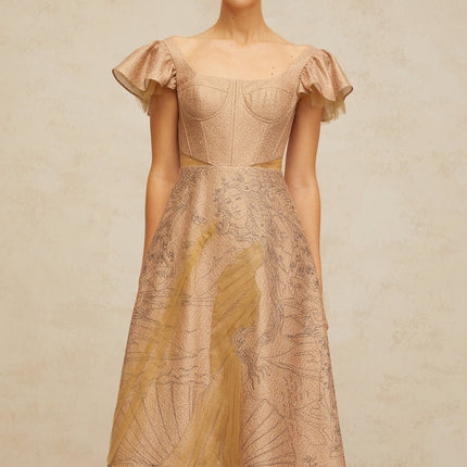 Mattea Neutrals Sequin Tulle Midi Dress Graphic Print Flared Cap Sleeves Cinched Waist 100% Terylene Fiber Rear Zip Fastening Calf Length