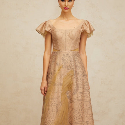 Mattea Neutrals Graphic-print Flared Sequin & Tulle Midi Dress