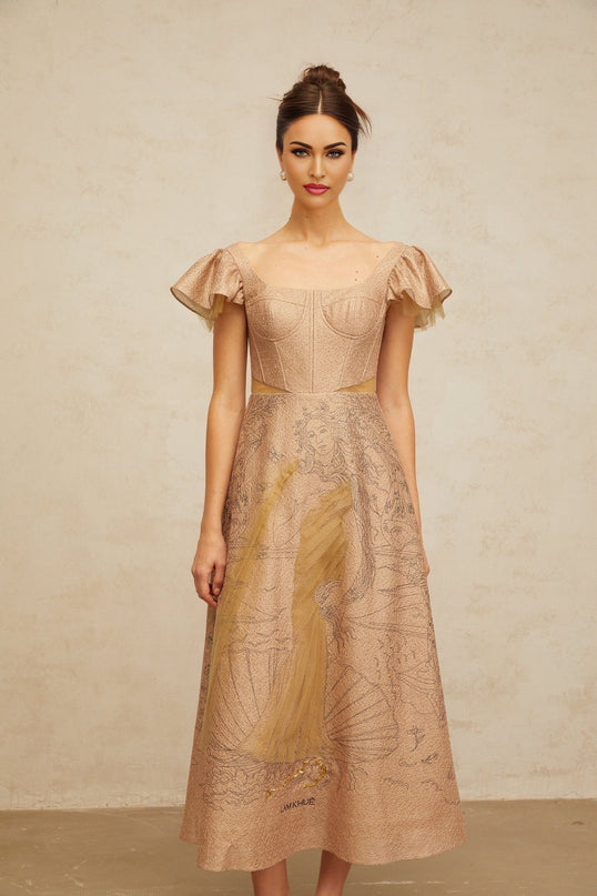 Mattea Neutrals Graphic-print Flared Sequin & Tulle Midi Dress