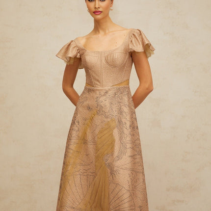 Mattea Neutrals Graphic-print Flared Sequin & Tulle Midi Dress