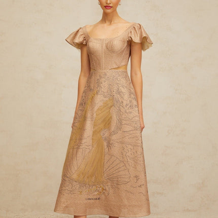 Mattea Neutrals Sequin Tulle Midi Dress Flared Graphic Print