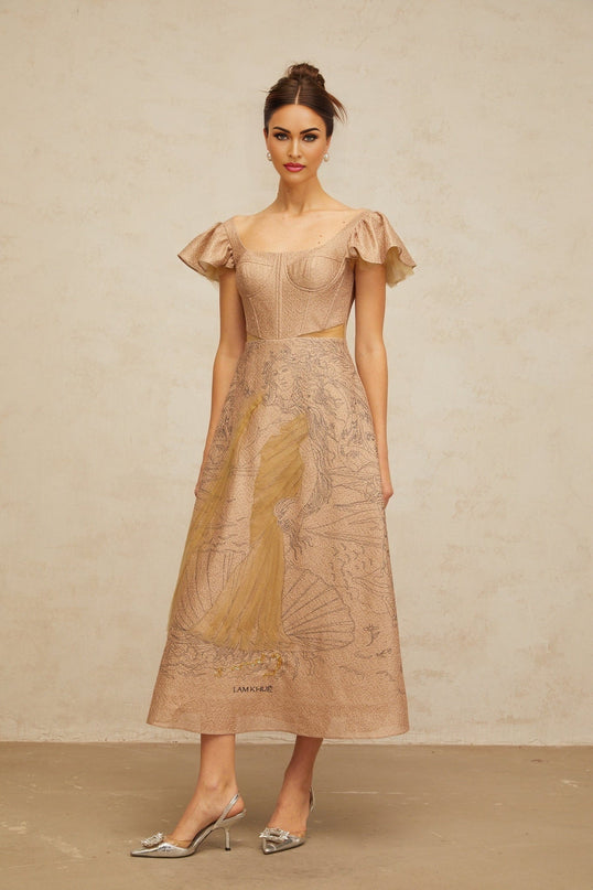 Mattea Neutrals Sequin Tulle Midi Dress Flared Graphic Print