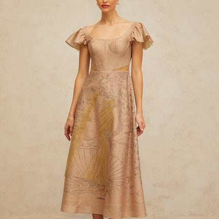 Mattea Neutrals Sequin Tulle Midi Dress Graphic Print Flared Cap Sleeves Cinched Waist