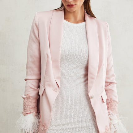 Mattea Pink Satin Lace Detail Jacket with Shoulder Pads