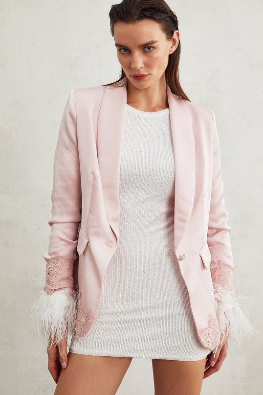Mattea Pink Satin Lace Detail Jacket with Shoulder Pads