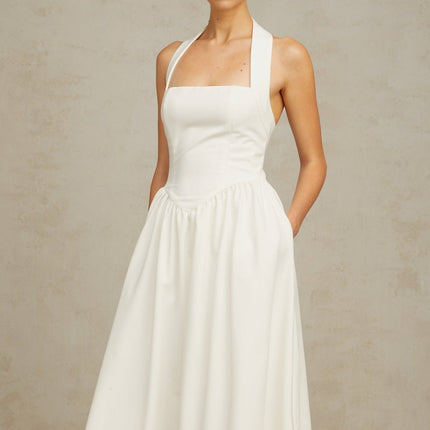 Mattea White Halterneck Pleated Midi Dress