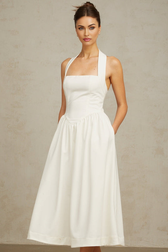 Mattea White Halterneck Pleated Midi Dress