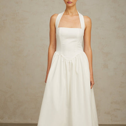 Mattea White Halterneck Pleated Midi Dress with Open Back Design