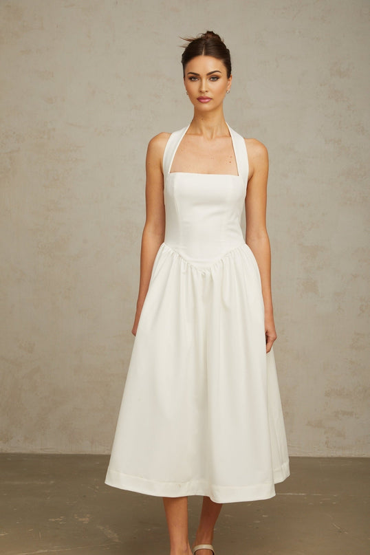 Mattea White Halterneck Pleated Midi Dress with Open Back Design