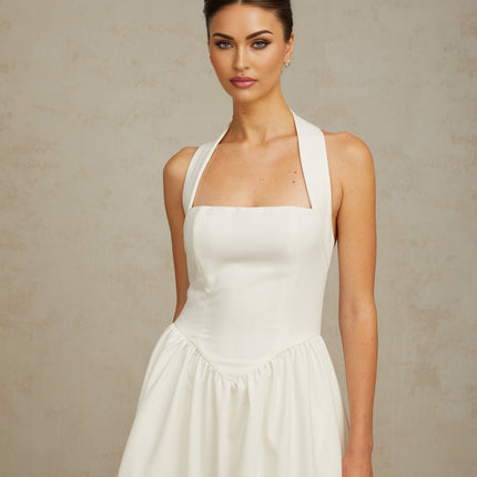 Mattea White Halterneck Pleated Midi Dress