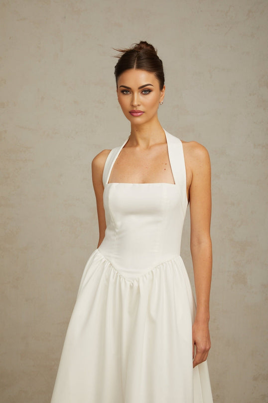 Mattea White Halterneck Pleated Midi Dress