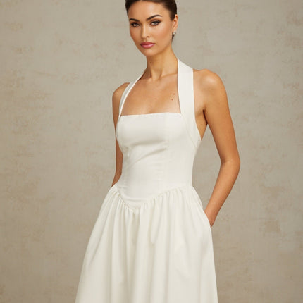 Mattea White Halterneck Pleated Midi Dress with Open Back Design