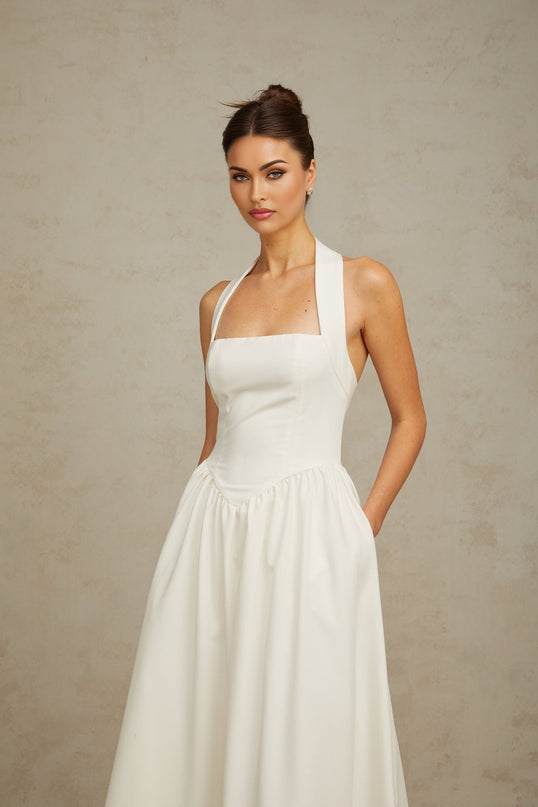 Mattea White Halterneck Pleated Midi Dress with Open Back Design
