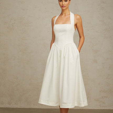 Mattea White Halterneck Pleated Midi Dress with Open Back Design