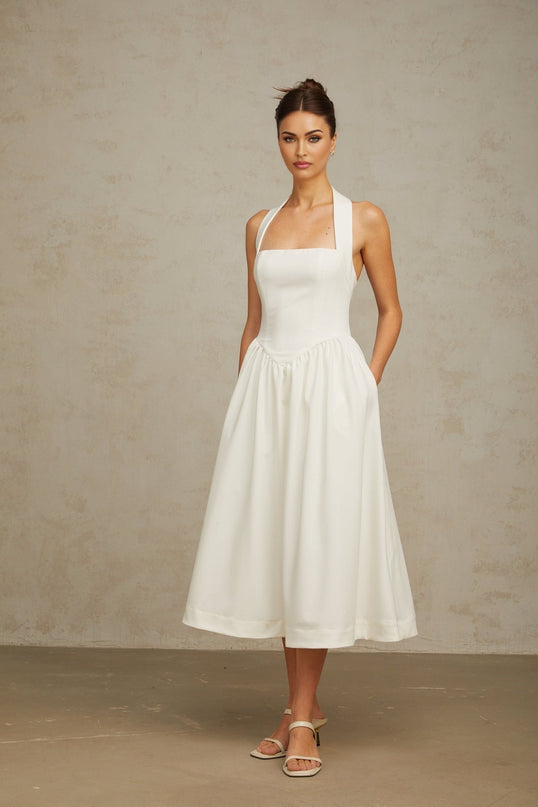 Mattea White Halterneck Pleated Midi Dress with Open Back Design