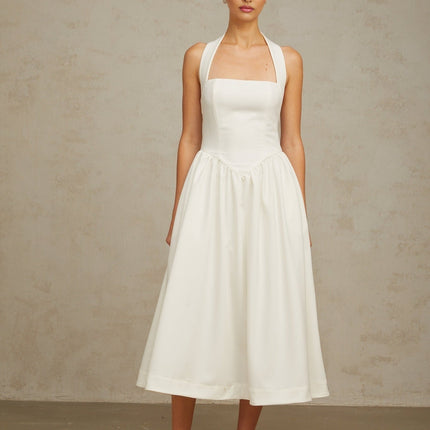 Mattea White Halterneck Pleated Midi Dress with Open Back Design