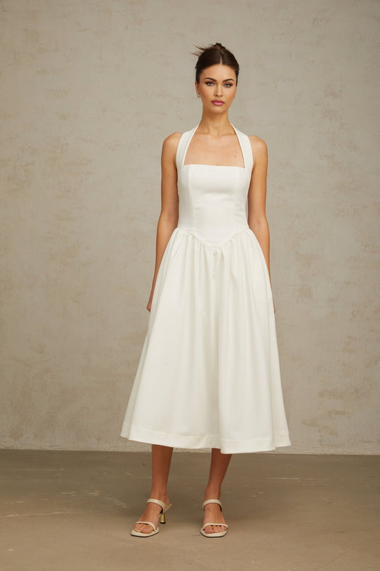 Mattea White Halterneck Pleated Midi Dress with Open Back Design